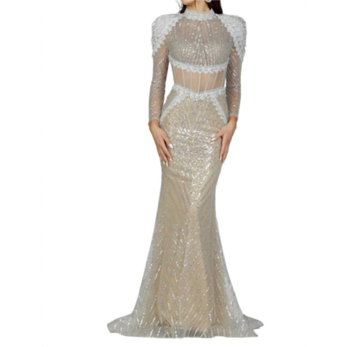 Terani Couture high neck mermaid evening dress in silver/nude