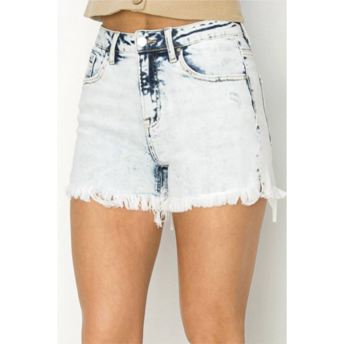 RISEN womens high rise side slit denim shorts in acid wash