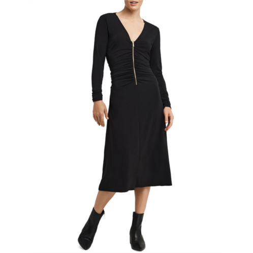 H Halston womens ruched zip-front midi dress