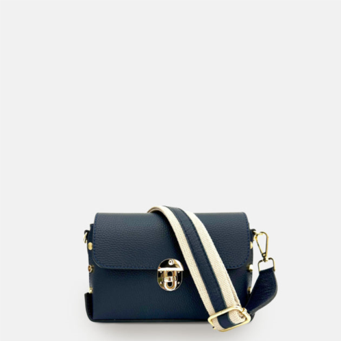 APATCHY LONDON the bloxsome navy leather crossbody bag with canvas strap