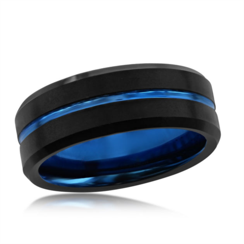 Blackjack matte black & polished blue stripe tungsten ring