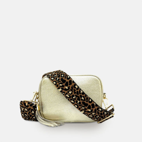 Apatchy London gold leather crossbody bag with tan cheetah strap