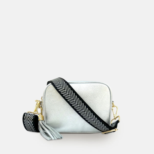 Apatchy London silver leather crossbody bag with black & silver chevron strap