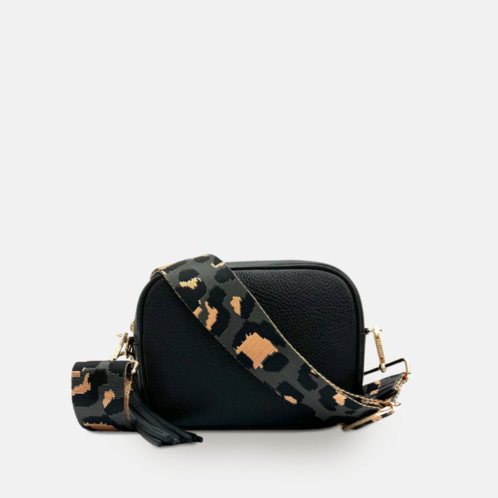 Apatchy London black leather crossbody bag with grey leopard strap