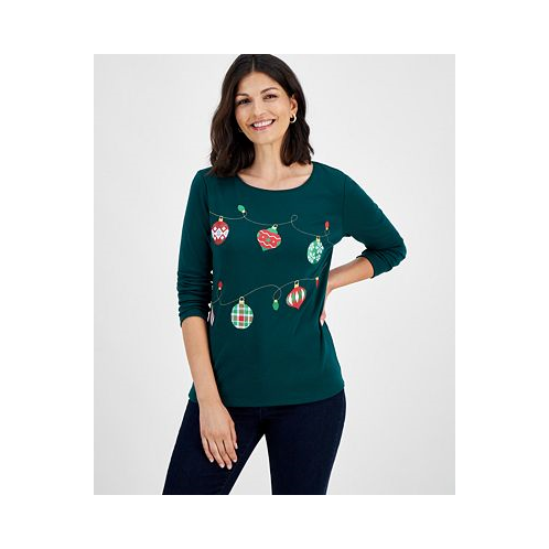 Holiday Lane Womens Ornament String Long-Sleeve Top