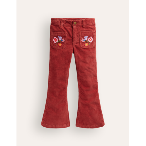 Boden Kick Flare Trousers - Barn Red Floral Embroidery