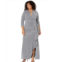 Alex Evenings Long Keyhole Neck Metallic Knit Gown with 3/4 Sleeves Side Shirred Skirt