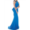 JOVANI high front low back with ruffles dress in teal blue