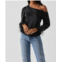 ASTR dawn off shoulder feather trim top in black