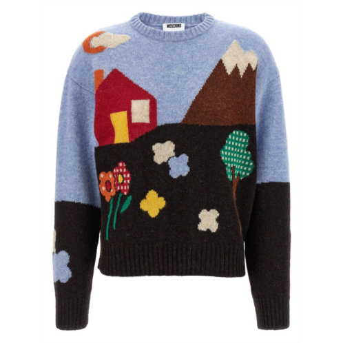 Moschino shetland wool sweater with landscape intarsia