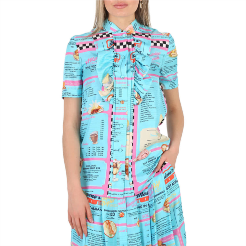 Moschino all-over diner menu print short sleeve silk blouse