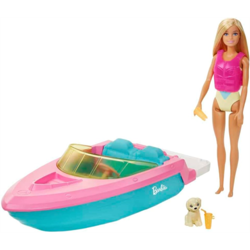 Barbie Doll & Toy Boat Playset with Pet Puppy Life Vest & Beverage Accessories Fits 3 Dolls & Floats in Water