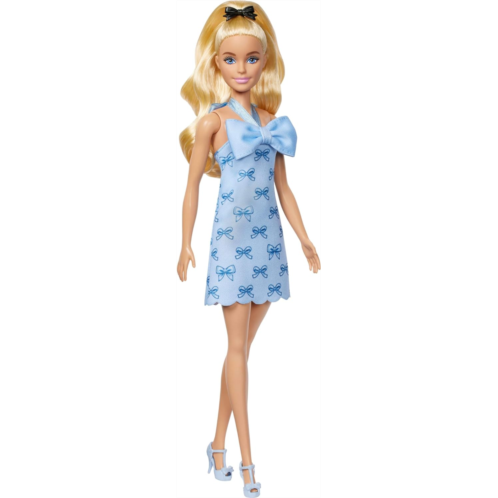 Barbie Fashionistas Doll #237 with Wavy Blonde Ponytail Wearing Blue Bow Halter Dress Black Hair Bow Accessory and Matching Blue Heels