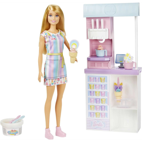 Barbie Careers Playset Ice Cream Shop Set with Blonde Fashion Doll Ice Cream Machine Molds Dough & Accessories