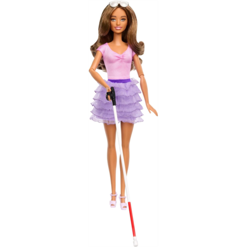 Barbie Fashionistas Doll #228 Blind Doll Wearing Pink Top and Ruffled Skirt with Cane and Sunglasses in Partnership with The American Foundation for The Blind
