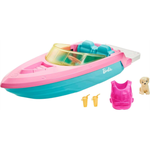 Barbie Toy Boat with Pet Puppy Life Vest & Beverage Accessories Fits 3 Dolls & Floats in Water