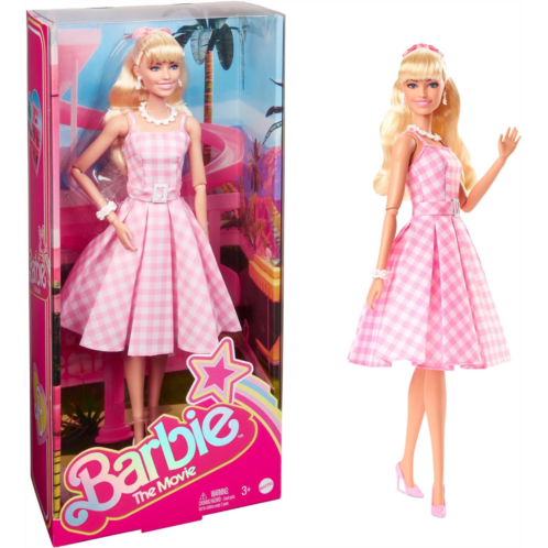 Barbie The Movie Doll Margot Robbie as Collectible Doll Wearing Pink and White Gingham Dress with Daisy Chain Necklace