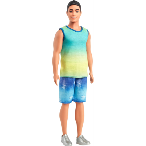 Barbie Fashionistas Ken Doll #236 with Black Hair Wearing Blue and Green Ombre Tank with Jean Shorts and Silver Sneakers