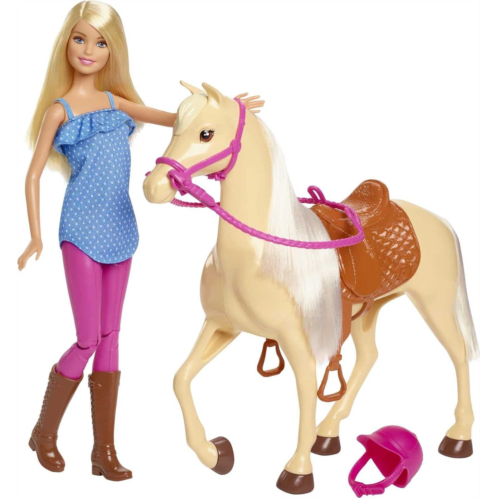 Barbie Doll & Toy Horse Set Blonde Fashion Doll in Riding Outfit & Light Brown Horse with Saddle Bridle & Reins
