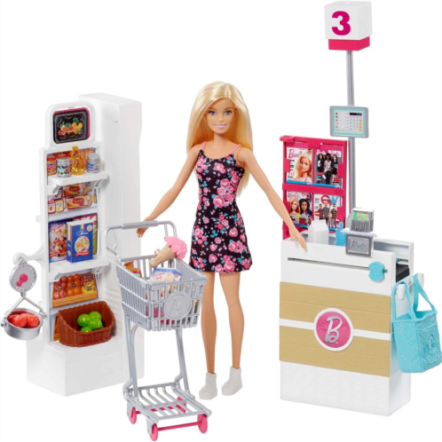 Barbie Doll & Playset Supermarket with 25 Grocery Store-Themed Accessories Including Food Check-Out Counter & Shelves