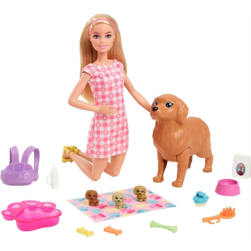 Barbie Doll & Pets Set Blonde with Mommy Dog 3 Newborn Puppies with Color-Change Feature & Pet Accessories