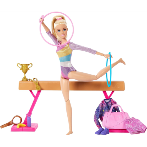Barbie Careers Playset Gymnastics Set with Blonde Gymnast Fashion Doll C-Clip for Flipping Action Balance Beam Warm-Up Suit & Accessories