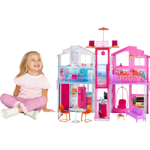 Barbie Doll House Playset 3-Story Townhouse with 4 Rooms & Rooftop Lounge Furniture & Accessories Including Swinging Chair (Amazon Exclusive)
