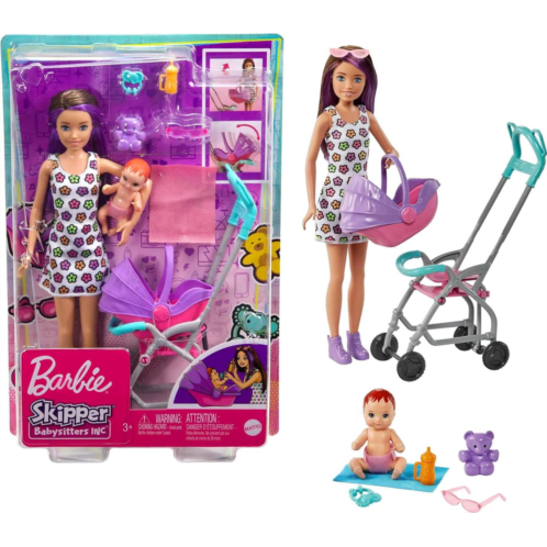 Barbie Skipper Babysitters Inc Playset with Doll Stroller Baby Doll & 5 Accessories Remove Stroller Seat for Carrier