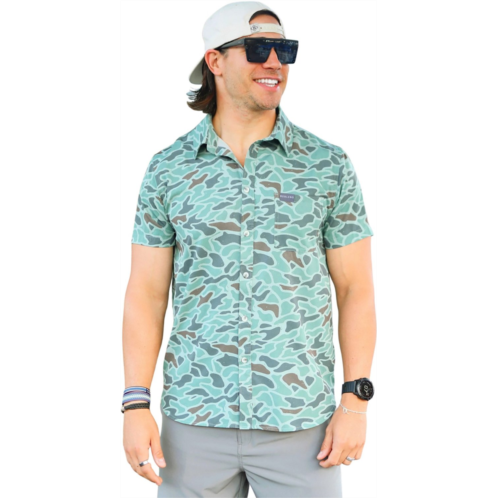 BURLEBO Mens Performance Button-Up Short Sleeve Shirt Retro Duck Camo
