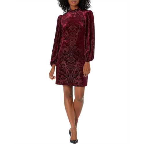 Vince Camuto Velvet Burnout High Neck Ruffle T-Body Shift with Voluminous Long Sleeve