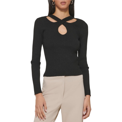 Womens DKNY Long Sleeve Rib Lurex Cutout Sweater