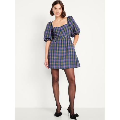 OldNavy Puff-Sleeve Plaid Fit & Flare Taffeta Mini Dress