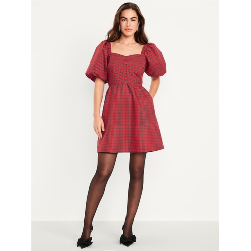 OldNavy Puff-Sleeve Plaid Fit & Flare Taffeta Mini Dress