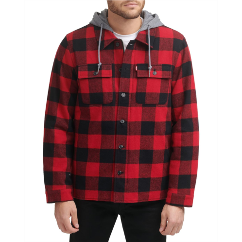 Mens Levis Washed Cotton Shirt Jacket with A Jersey Hood and Sherpa Lining