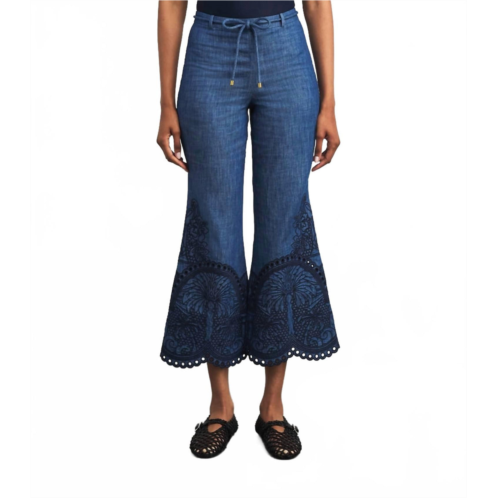 Zimmermann coco embroidered denim pant in railway blue