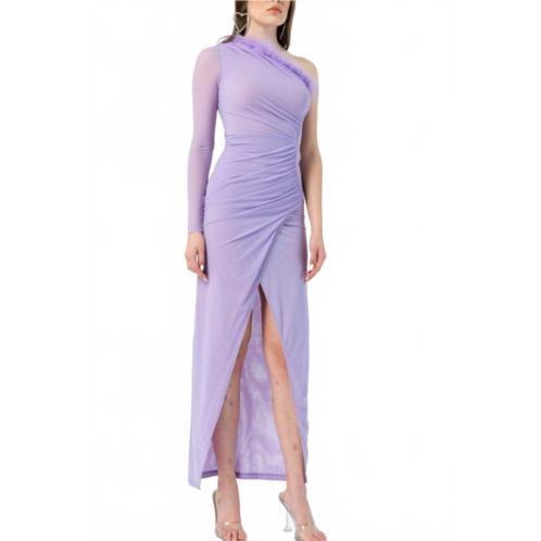 Kikiriki feather one shoulder dress in lilac purple