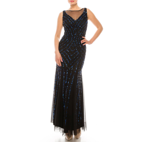 AIDAN MATTOX sleeveless embellished evening dress in black indigo
