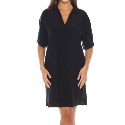 Joseph Ribkoff faux leather trim short sleeve trapeze dress in black