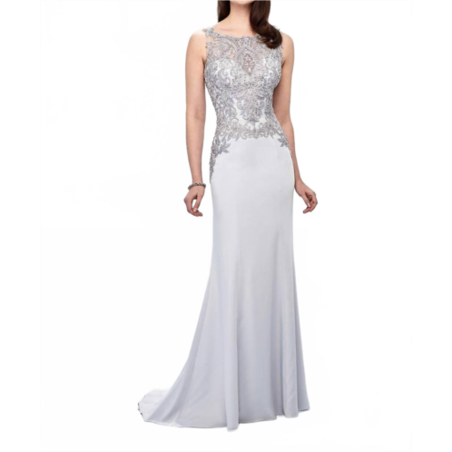 Montage by Mon Cheri embroidered lace beaded gown in ice gray - silver