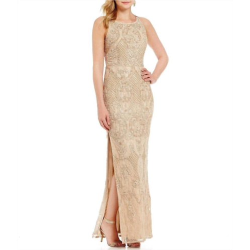 AIDAN MATTOX halter-style embroidered beaded dress in blush