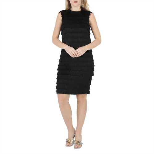 Burberry ladies black fringe detail silk sleeveless midi dress