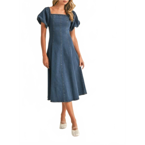 Klesis denim puff sleeve a-line midi dress in blue