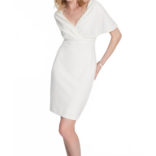 Joseph Ribkoff scuba crepe wrap dress with pearl detail in vanilla