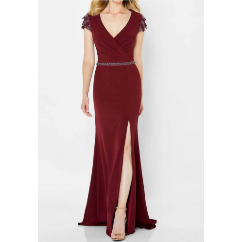 Montage by Mon Cheri embellished surplice bodice formal gown in wine