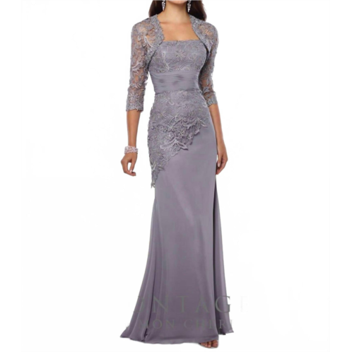 Montage by Mon Cheri two-piece chiffon and venise lace dress set in grey