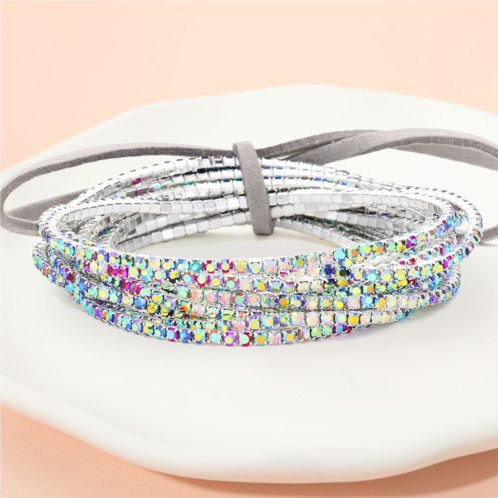 FASHNZFAB 12pcs - ribbon colorful rhinestone layered stretch bracelets - ab silver