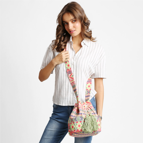 FASHNZFAB boho tribal pattern woven tassel crossbody bucket bag