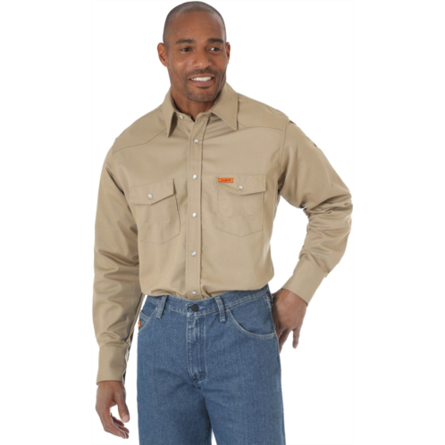Wrangler Mens Flame Resistant Long Sleeve Denim Work Shirt Beige Or Khaki