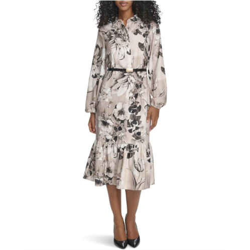 Womens Calvin Klein Long Sleeve Dot Crepe Belted Bubble Hem Midi