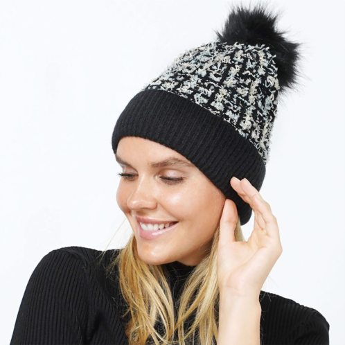 FASHNZFAB tweed look pom pom knit beanie hat